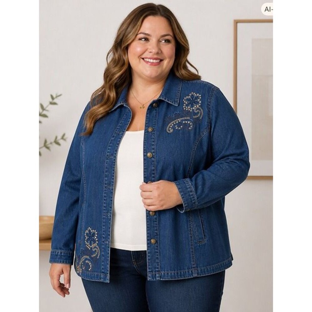Blair Essentials Embroidered Denim Jacket Plus Size 22W 24W Sequin Shacket Blue